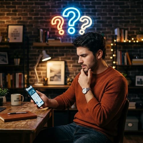 Person looking up frequently asked questions about the Imposter game