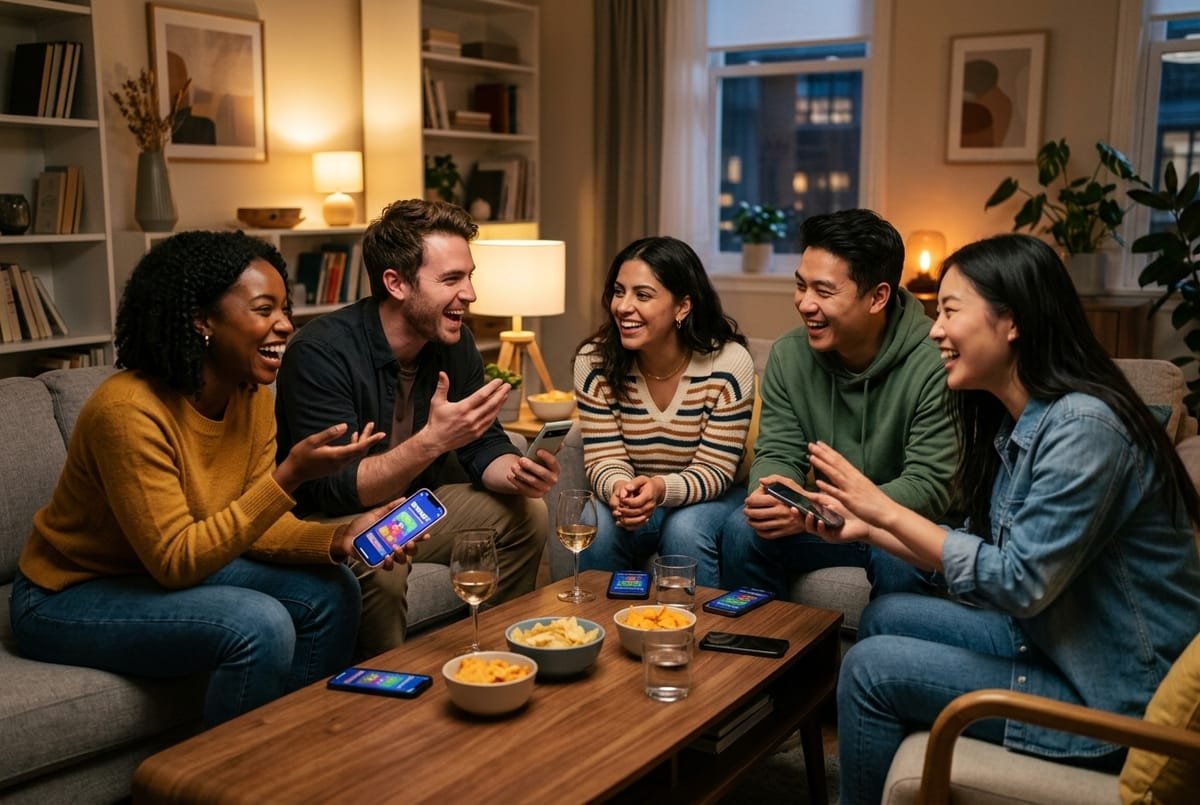Friends playing the Imposter social deduction party game together at home